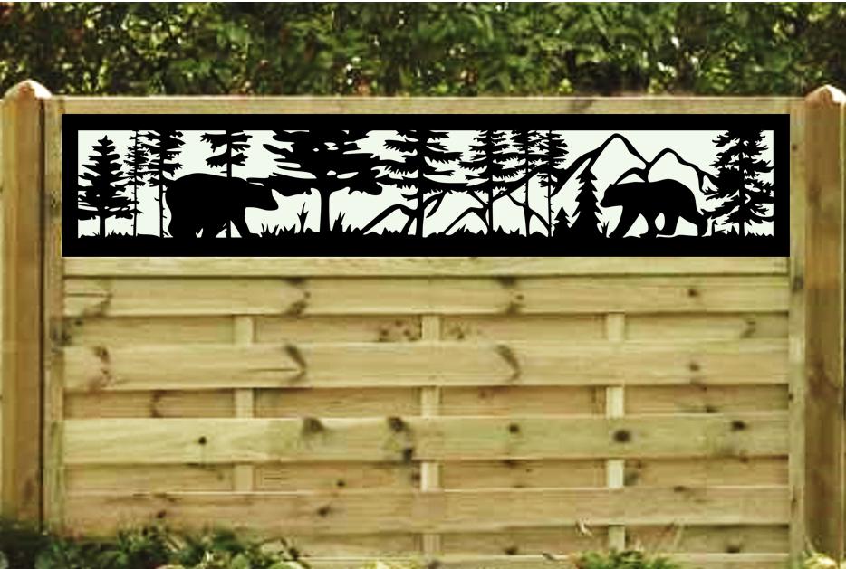 Decorative Rustic Metal Panel, Metal Panel Insert, Fence Topper Insert. Wildlife Scenery with Bears Metal Panel. - Wood & Metal By Dao