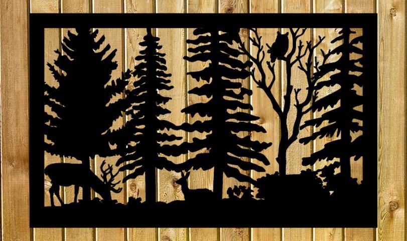 Decorative Rustic Metal Panel, Metal Panel Insert, Wildlife Scenery with Deer Grazing and Owl Metal Panel - Wood & Metal By Dao