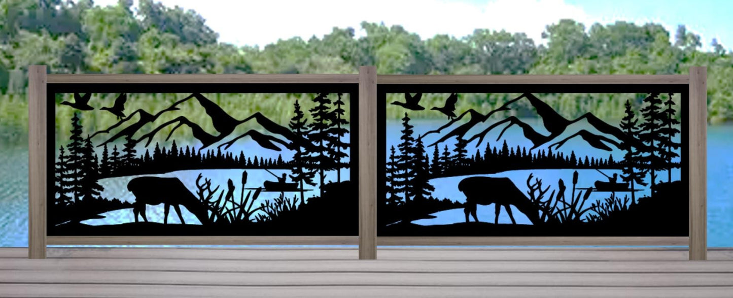 Decorative Rustic Metal Panel Insert, Rustic Metal Wall Art - Mountain & Lake Landscape with Deer, Ducks, and Fishing Scene - Wood & Metal By Dao