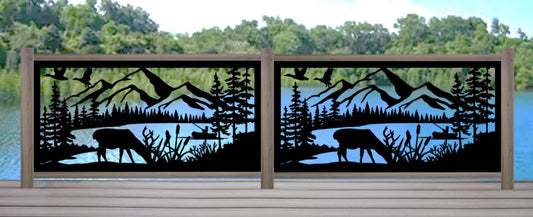 Decorative Rustic Metal Panel Insert, Rustic Metal Wall Art - Mountain & Lake Landscape with Deer, Ducks, and Fishing Scene - Wood & Metal By Dao