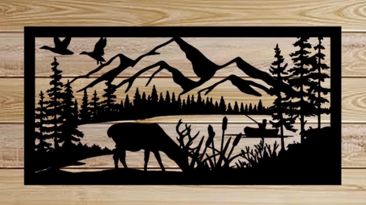 Decorative Rustic Metal Panel Insert, Rustic Metal Wall Art - Mountain & Lake Landscape with Deer, Ducks, and Fishing Scene - Wood & Metal By Dao