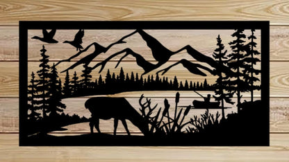 Decorative Rustic Metal Panel Insert, Rustic Metal Wall Art - Mountain & Lake Landscape with Deer, Ducks, and Fishing Scene - Wood & Metal By Dao