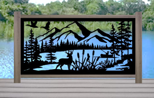 Decorative Rustic Metal Panel Insert, Rustic Metal Wall Art - Mountain & Lake Landscape with Ducks, Deer and Fishing Scene - Wood & Metal By Dao