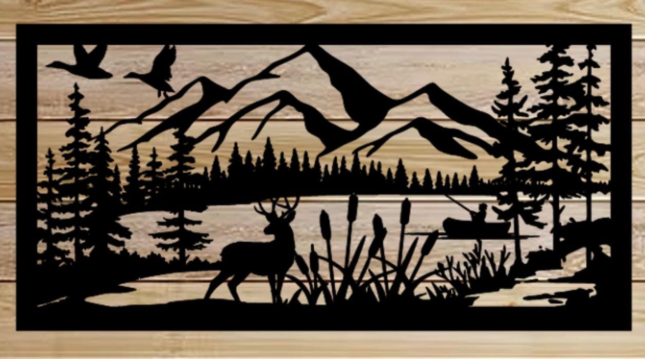 Decorative Rustic Metal Panel Insert, Rustic Metal Wall Art - Mountain & Lake Landscape with Ducks, Deer and Fishing Scene - Wood & Metal By Dao