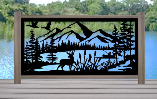 Decorative Rustic Metal Panel Insert, Rustic Metal Wall Art - Mountain & Lake Landscape with Ducks, Deer and Fishing Scene - Wood & Metal By Dao