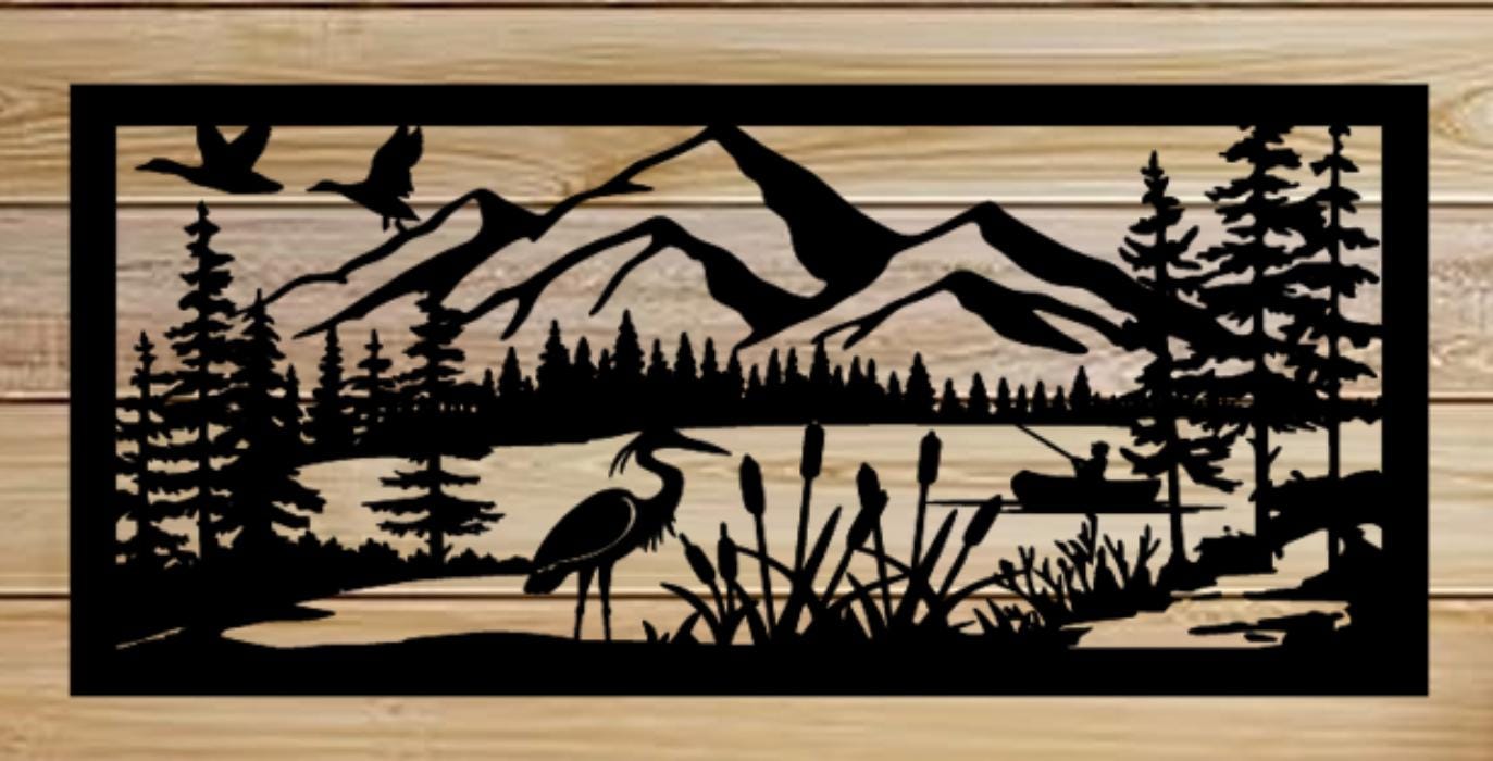 Decorative Rustic Metal Panel Insert, Rustic Metal Wall Art - Mountain & Lake Landscape with Heron, Ducks, and Fishing Scene - Wood & Metal By Dao