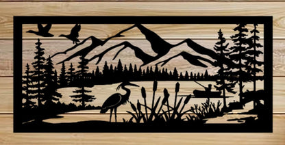 Decorative Rustic Metal Panel Insert, Rustic Metal Wall Art - Mountain & Lake Landscape with Heron, Ducks, and Fishing Scene - Wood & Metal By Dao
