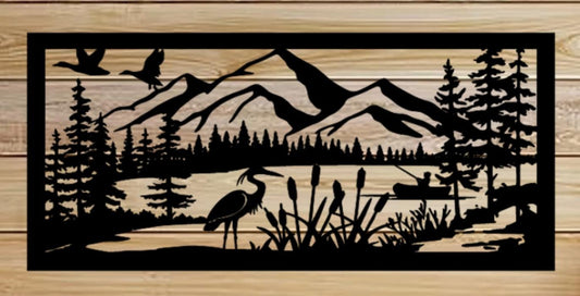 Decorative Rustic Metal Panel Insert, Rustic Metal Wall Art - Mountain & Lake Landscape with Heron, Ducks, and Fishing Scene - Wood & Metal By Dao