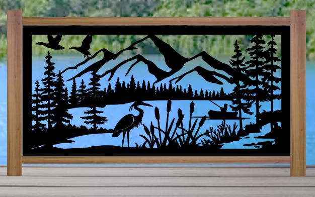 Decorative Rustic Metal Panel Insert, Rustic Metal Wall Art - Mountain & Lake Landscape with Heron, Ducks, and Fishing Scene - Wood & Metal By Dao