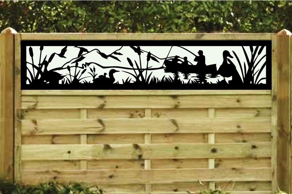 Decorative Rustic Metal Panel, Metal Panel Insert, Fence Topper Insert. Wildlife Scenery Metal Panel. Fishing & Ducks Scene - Wood & Metal By Dao