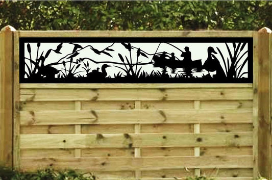 Decorative Rustic Metal Panel, Metal Panel Insert, Fence Topper Insert. Wildlife Scenery Metal Panel. Fishing & Ducks Scene - Wood & Metal By Dao