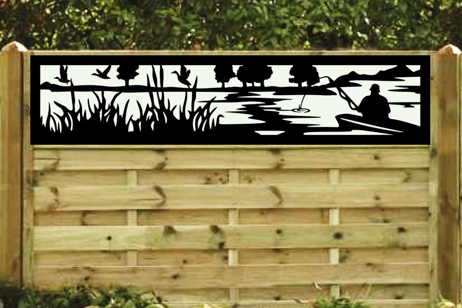 Decorative Rustic Metal Panel, Metal Panel Insert, Fence Topper Insert. Wildlife Scenery Metal Panel. Fishing Scene Fence Topper - Wood & Metal By Dao