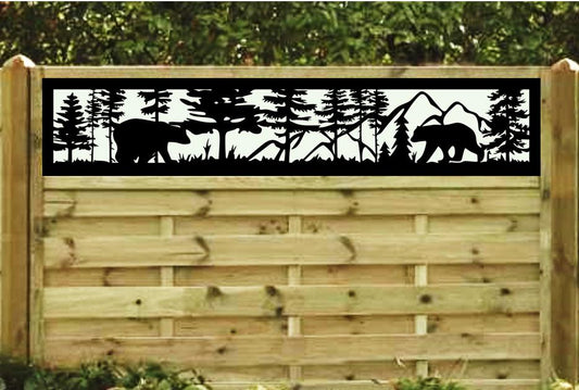 Decorative Rustic Metal Panel, Metal Panel Insert, Fence Topper Insert. Wildlife Scenery with Bears Metal Panel. - Wood & Metal By Dao