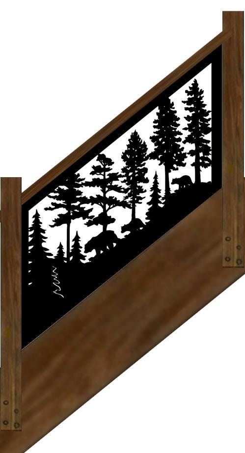 Decorative Rustic Metal Panel, Metal Panel Insert for Stair Rail, Wildlife Scenery with Bears - V2 - Wood & Metal By Dao