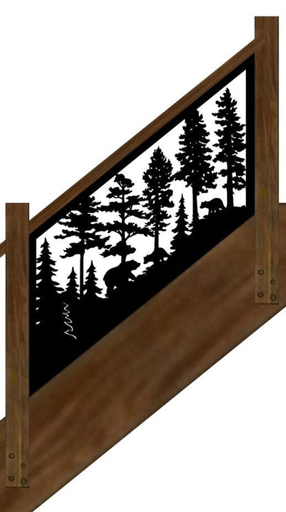 Decorative Rustic Metal Panel, Metal Panel Insert for Stair Rail, Wildlife Scenery with Bears - V3 - Wood & Metal By Dao