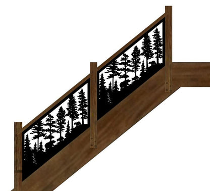 Decorative Rustic Metal Panel, Metal Panel Insert for Stair Rail, Wildlife Scenery with Bears - V3 - Wood & Metal By Dao