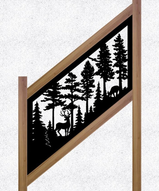 Decorative Rustic Metal Panel, Metal Panel Insert for Stair Rail, Wildlife Scenery with Deer and Flying Eagle - Wood & Metal By Dao