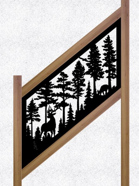 Decorative Rustic Metal Panel, Metal Panel Insert for Stair Rail, Wildlife Scenery with Deer and Flying Eagle - Wood & Metal By Dao