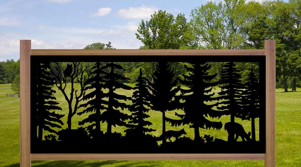Decorative Rustic Metal Panel, Metal Panel Insert, Wildlife Scenery Metal Panel, Forest Scene with Fox, Deer and Owl - Wood & Metal By Dao