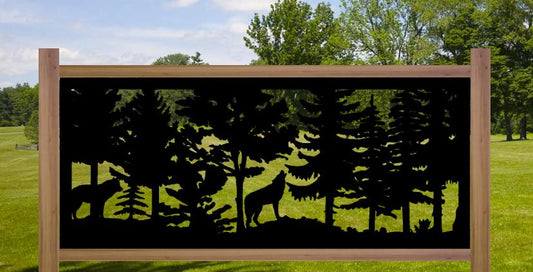 Decorative Rustic Metal Panel, Metal Panel Insert, Wildlife Scenery Metal Panel, Forest Scene with two Wolves - Wood & Metal By Dao