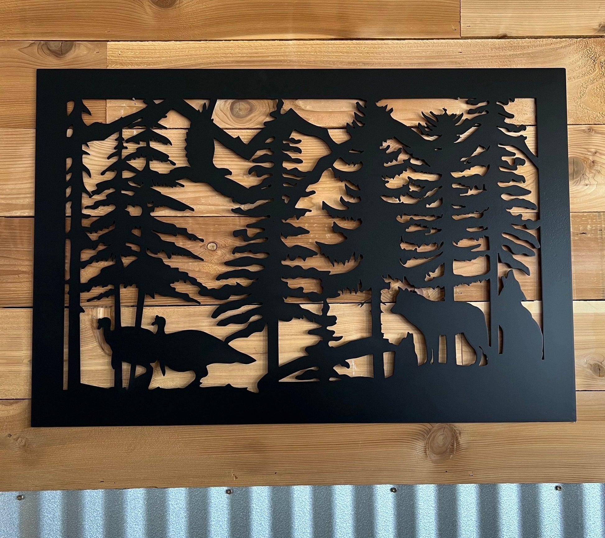 Decorative Rustic Metal Panel, Metal Panel Insert, Wildlife Scenery Metal Panel with Turkeys - Wood & Metal By Dao