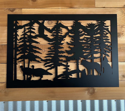 Decorative Rustic Metal Panel, Metal Panel Insert, Wildlife Scenery Metal Panel with Turkeys - Wood & Metal By Dao