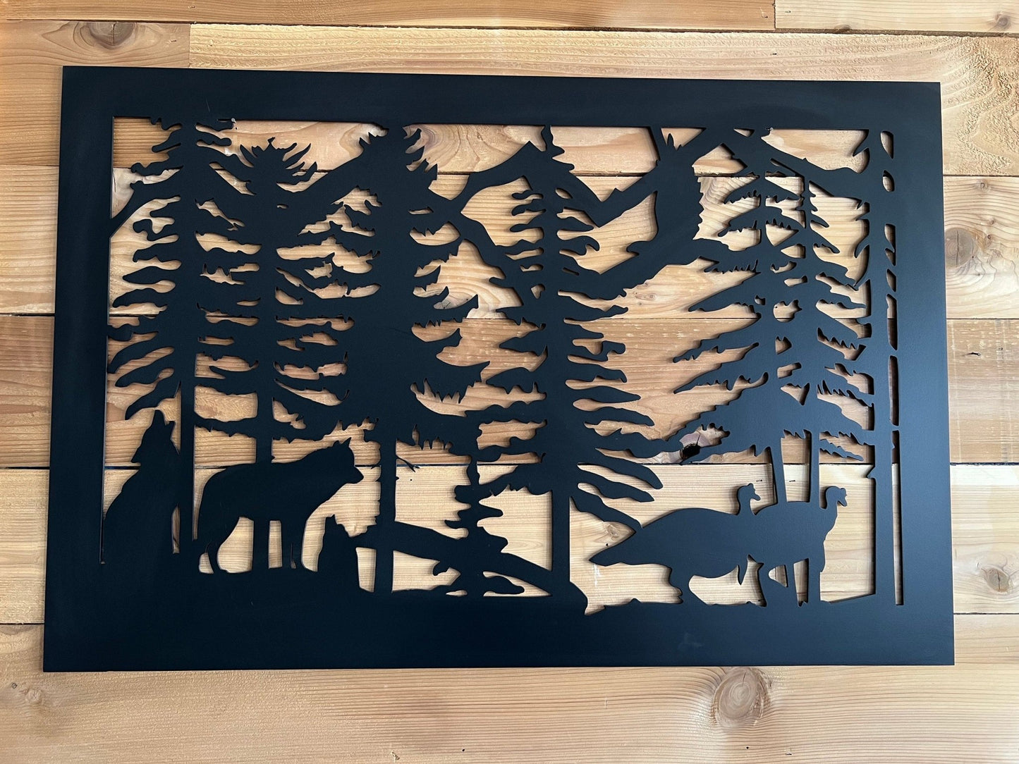 Decorative Rustic Metal Panel, Metal Panel Insert, Wildlife Scenery Metal Panel with Turkeys - Wood & Metal By Dao