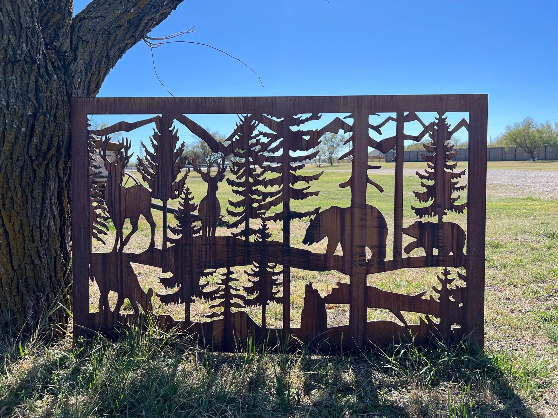 Decorative Rustic Metal Panel, Metal Panel Insert, Wildlife Scenery with Bear and Deer Metal Panel - Wood & Metal By Dao