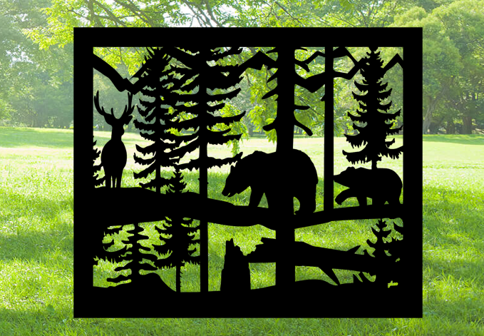 Decorative Rustic Metal Panel, Metal Panel Insert, Wildlife Scenery with Bears and Deer Metal Panel - Wood & Metal By Dao