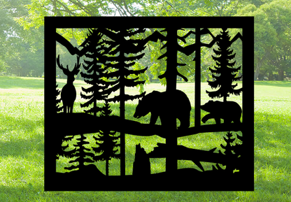 Decorative Rustic Metal Panel, Metal Panel Insert, Wildlife Scenery with Bears and Deer Metal Panel - Wood & Metal By Dao