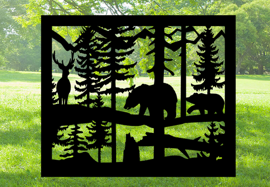 Decorative Rustic Metal Panel, Metal Panel Insert, Wildlife Scenery with Bears and Deer Metal Panel - Wood & Metal By Dao