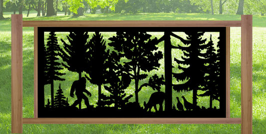 Decorative Rustic Metal Panel, Metal Panel Insert, Wildlife Scenery with Bigfoot, Deer, and Turkey Metal Panel - Wood & Metal By Dao