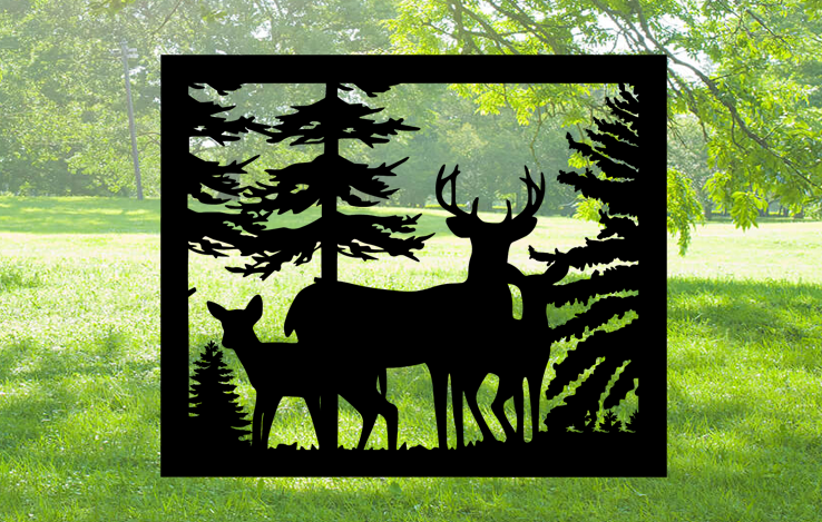 Decorative Rustic Metal Panel, Metal Panel Insert, Wildlife Scenery with Deer and Trees Metal Panel - Wood & Metal By Dao