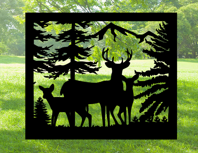 Decorative Rustic Metal Panel, Metal Panel Insert, Wildlife Scenery with Deer and Trees Metal Panel - Wood & Metal By Dao
