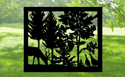 Decorative Rustic Metal Panel, Metal Panel Insert, Wildlife Scenery with Deer and Turkeys Metal Panel - Wood & Metal By Dao
