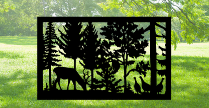 Decorative Rustic Metal Panel, Metal Panel Insert, Wildlife Scenery with Deer and Turkeys Metal Panel - Wood & Metal By Dao