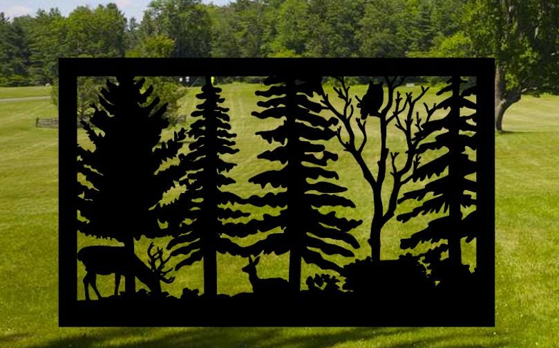Decorative Rustic Metal Panel, Metal Panel Insert, Wildlife Scenery with Deer Grazing and Owl Metal Panel - Wood & Metal By Dao