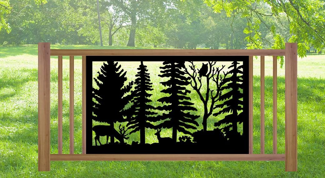 Decorative Rustic Metal Panel, Metal Panel Insert, Wildlife Scenery with Deer Grazing and Owl Metal Panel - Wood & Metal By Dao