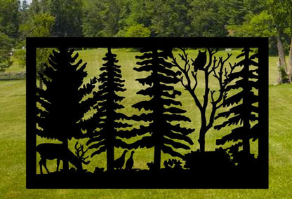 Decorative Rustic Metal Panel, Metal Panel Insert, Wildlife Scenery with Deer Grazing, Turkeys and Owl Metal Panel - Wood & Metal By Dao