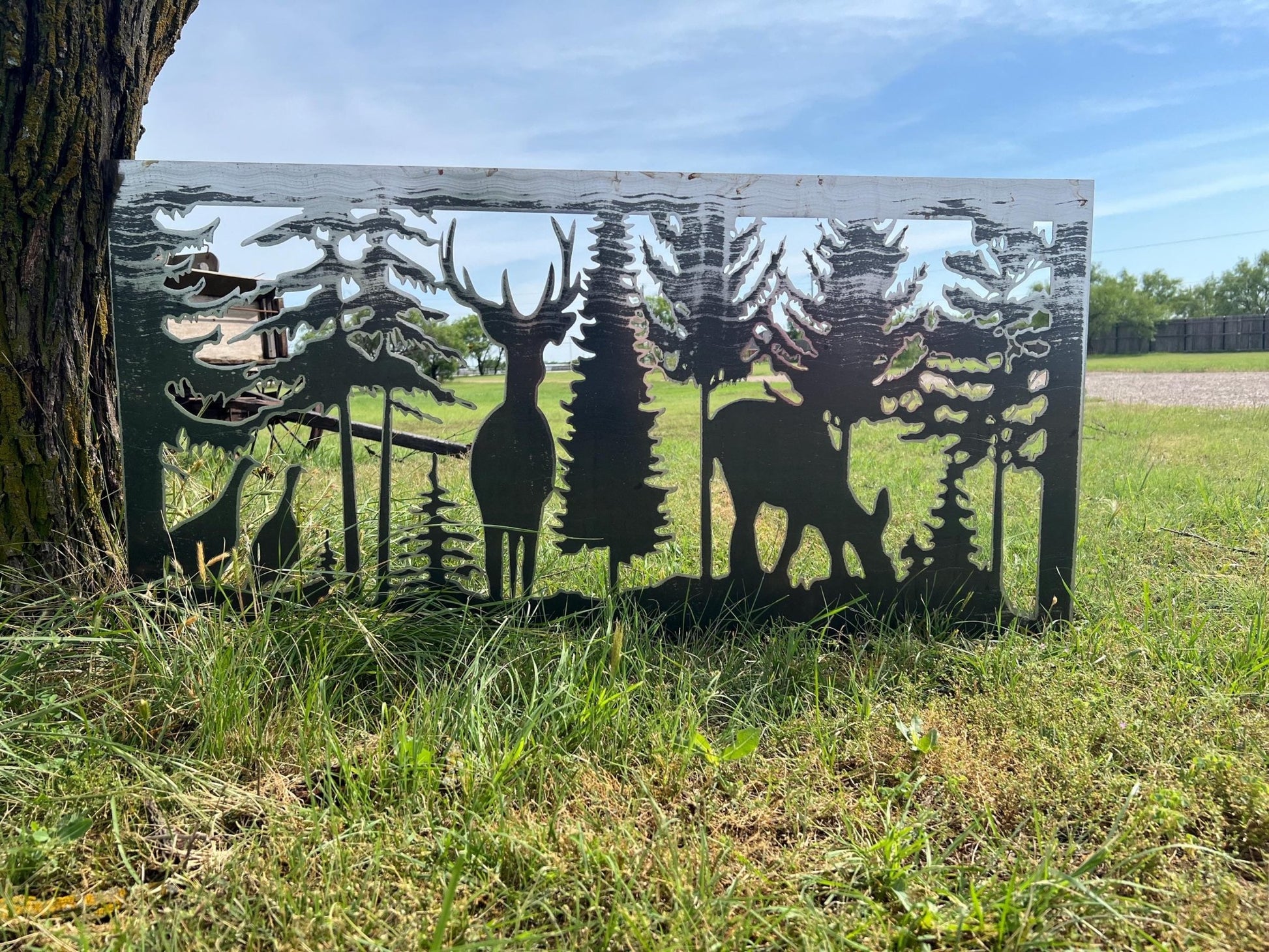 Decorative Rustic Metal Panel, Metal Panel Insert, Wildlife Scenery with Deer & Turkeys Metal Panel - Wood & Metal By Dao