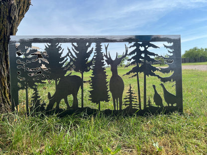 Decorative Rustic Metal Panel, Metal Panel Insert, Wildlife Scenery with Deer & Turkeys Metal Panel - Wood & Metal By Dao