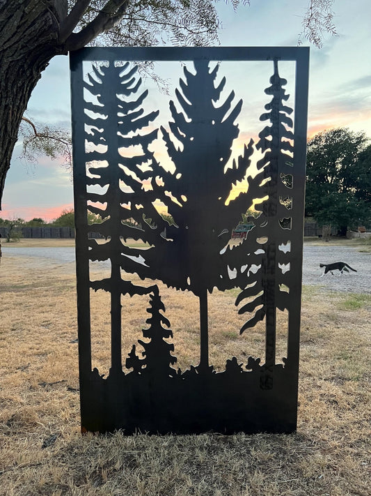 Decorative Rustic Metal Panel, Metal Panel Insert, Wildlife Scenery with Trees Metal Panel - Wood & Metal By Dao