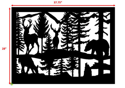Decorative Rustic Metal Panel - Wildlife Scenery with Bear and Deer - P2