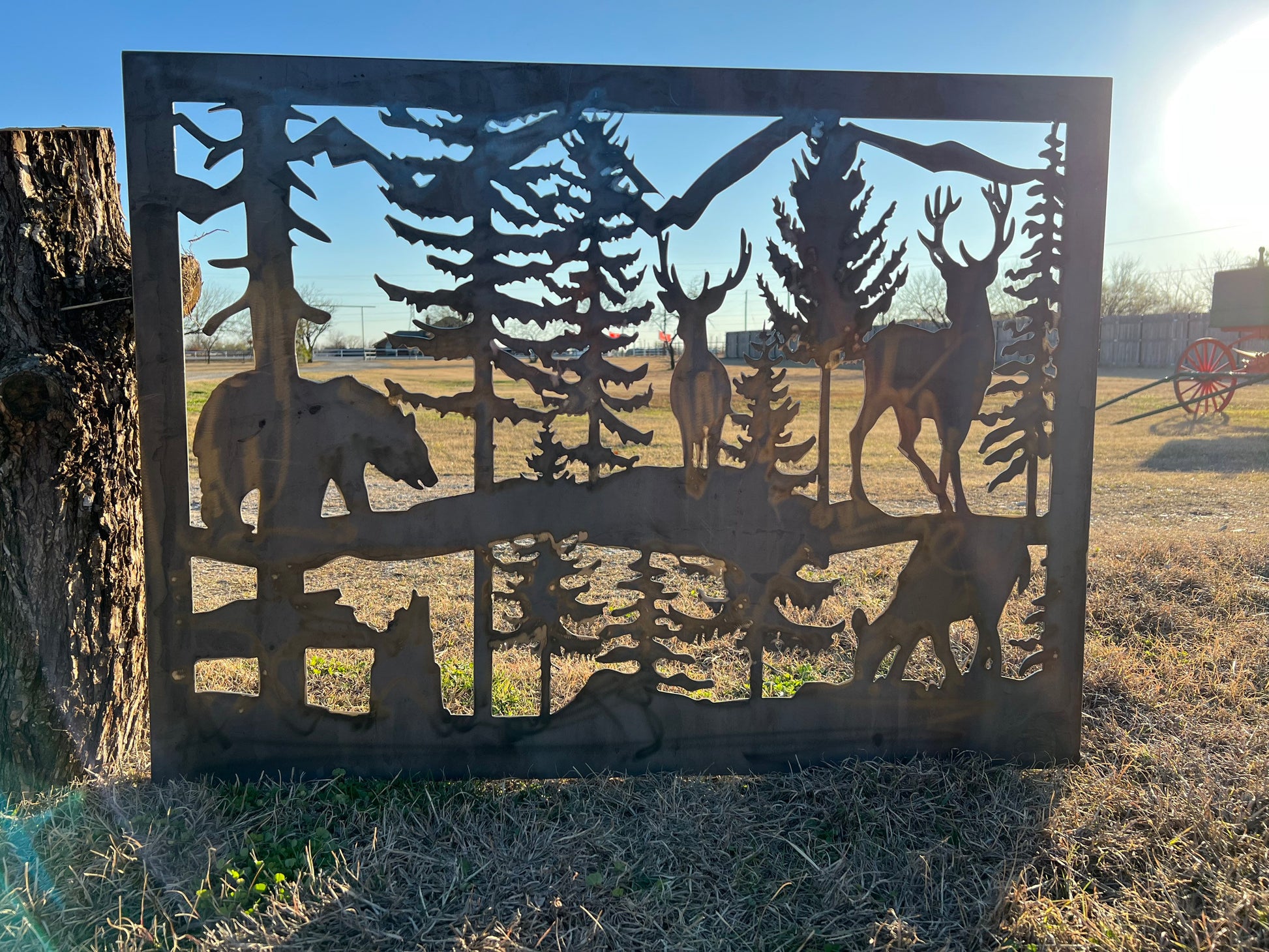Decorative Rustic Metal Panel - Wildlife Scenery with Bear and Deer - P2