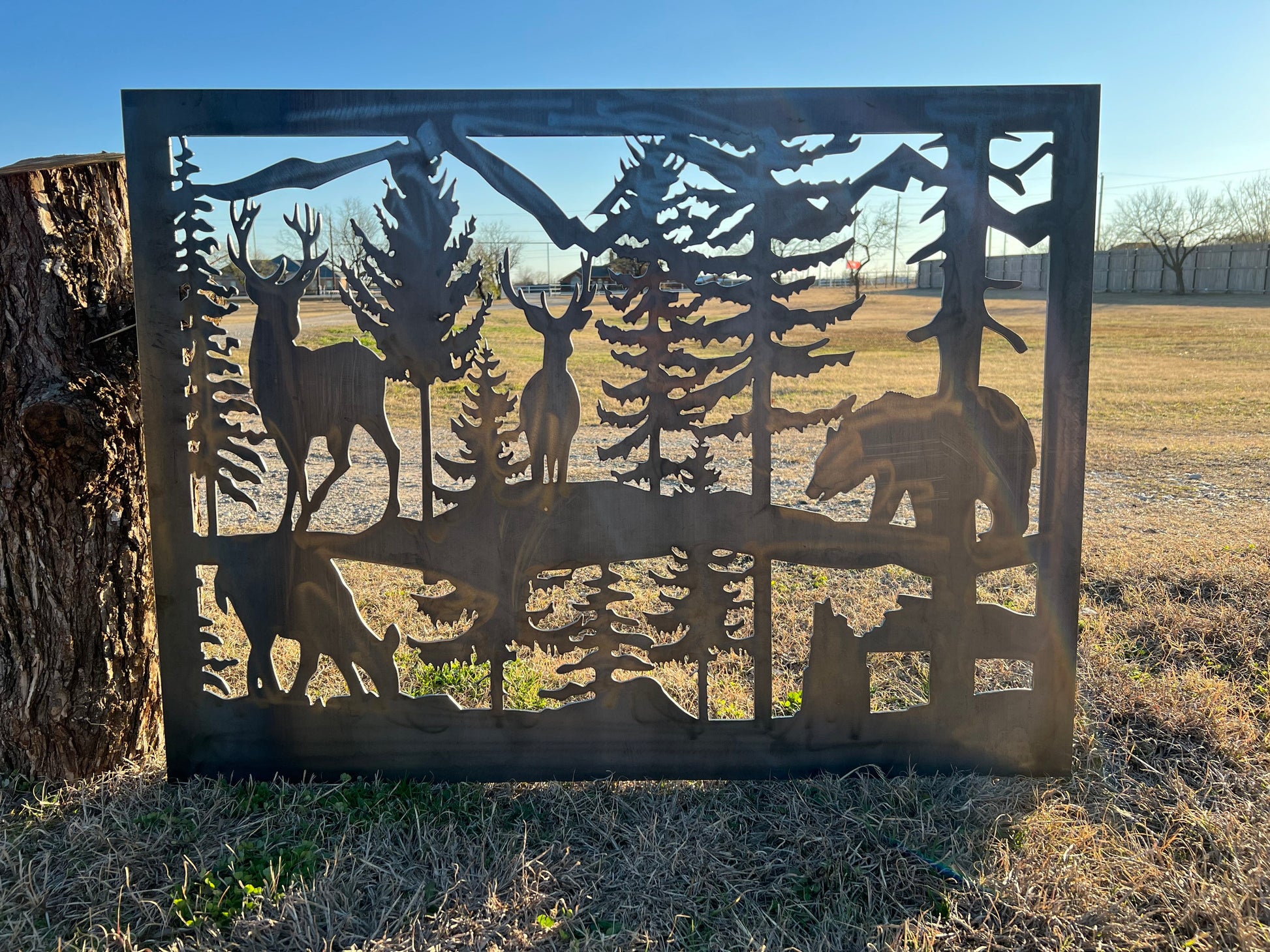 Decorative Rustic Metal Panel - Wildlife Scenery with Bear and Deer - P2