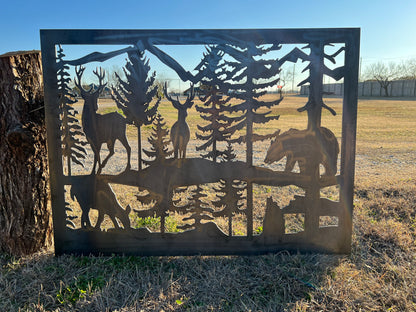 Decorative Rustic Metal Panel - Wildlife Scenery with Bear and Deer - P2