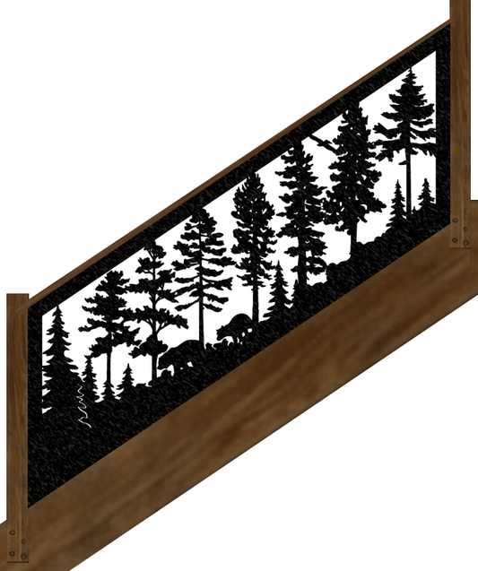 Metal Panel Insert for Stair Rail, Wildlife Scenery with Bears - 28.25"x72" (34 degree) - Wood & Metal By Dao