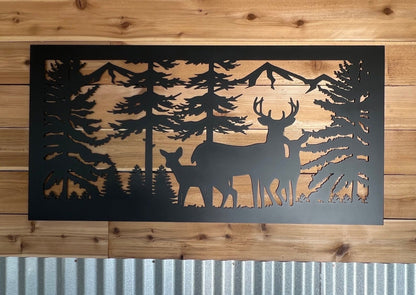 Decorative Rustic Metal Panel, Metal Panel Insert, Wildlife Scenery with Deer and Trees Metal Panel - P33 - Wood & Metal By Dao