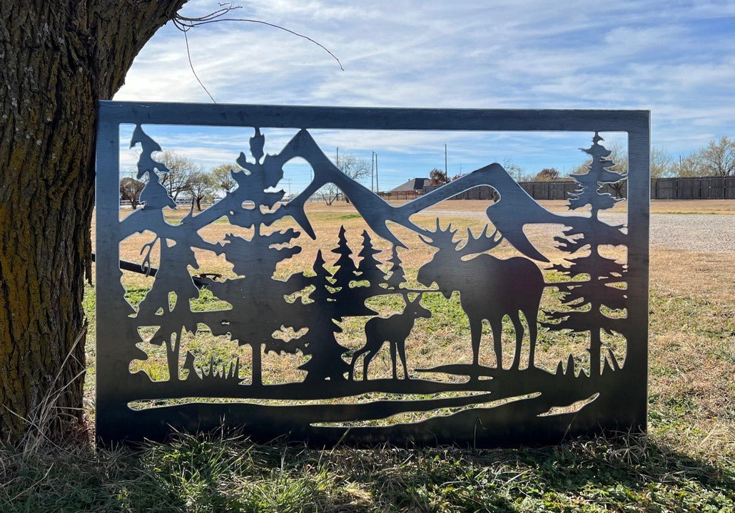 Decorative Rustic Metal Panel, Moose Metal Panel Insert, Wildlife Scenery Metal Panel with Moose and Calf - P37 - Wood & Metal By Dao