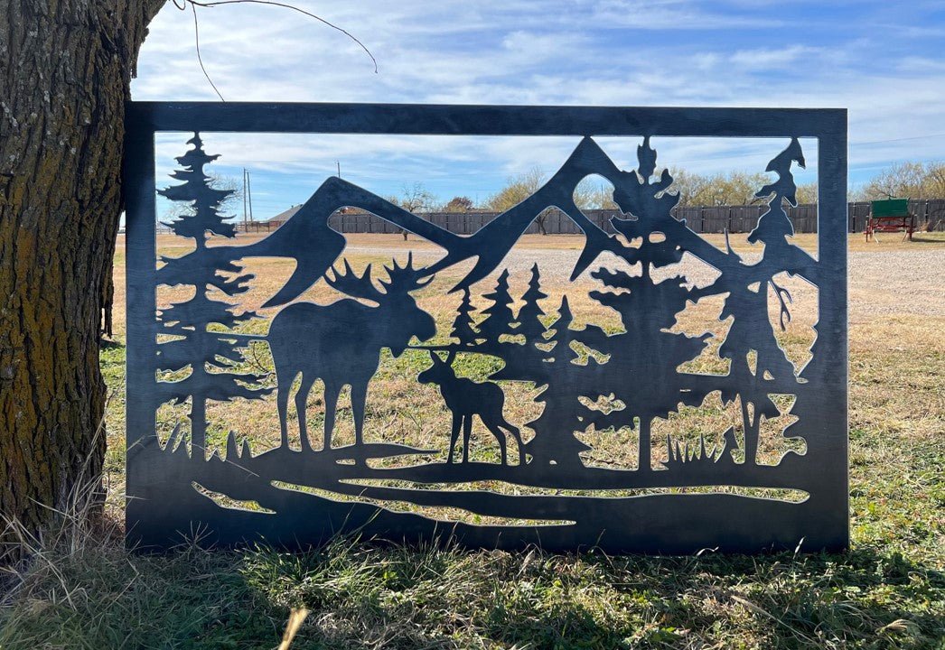 Decorative Rustic Metal Panel, Moose Metal Panel Insert, Wildlife Scenery Metal Panel with Moose and Calf - P37 - Wood & Metal By Dao